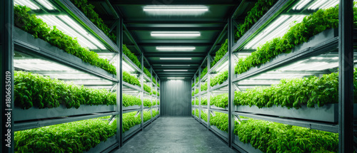 Indoor vertical farm with rows of leafy greens under artificial lights in a controlled environment