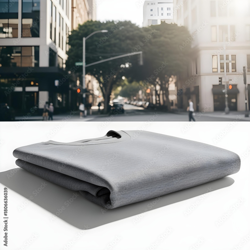 Obraz premium A folded T-shirt mockup on a clean white background, realistic soft shadows, minimal apparel no design. photorealistic urban scene