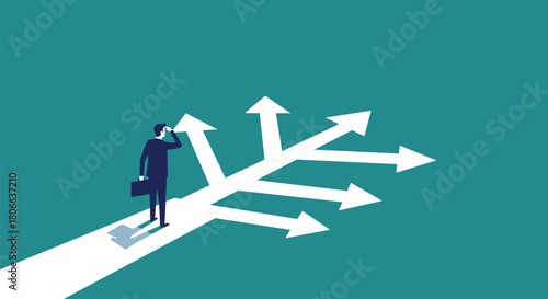 Businessman looking at different arrow paths choosing right direction for business success