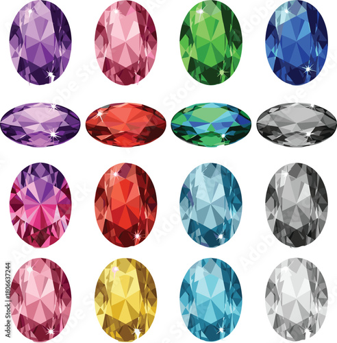 Collection of colorful oval cut gemstones and diamonds isolated on grey background