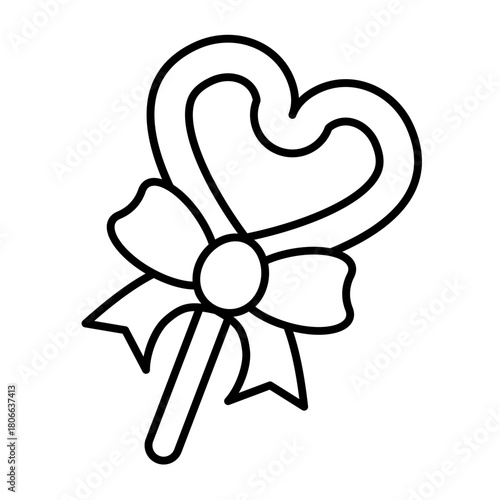 Candy thin line icon, desert sweets concept. Vector graphics. Heart shaped candy and bow sign on white background, style icon mobile or web design.