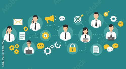 Connected business network team collaborating with communication icons and digital strategy workflow