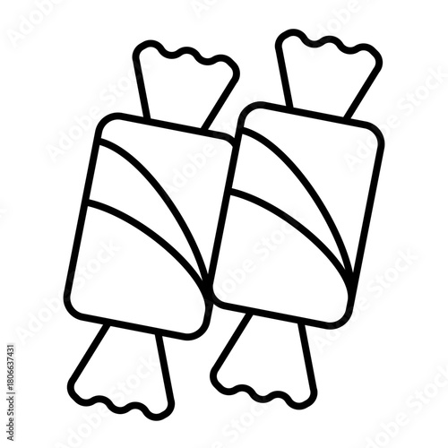 Two chocolate candies with sweet filling thin line icon, desert sweets concept. Vector graphics. Candies in wrapping sign on white background, style icon mobile or web design.