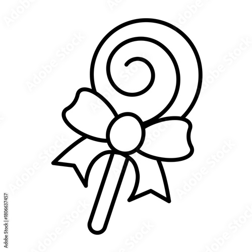 Lollipop candy with shape of twirl and bow thin line icon, desert sweets concept. Vector graphics. Candy sign on white background, style icon mobile or web design.