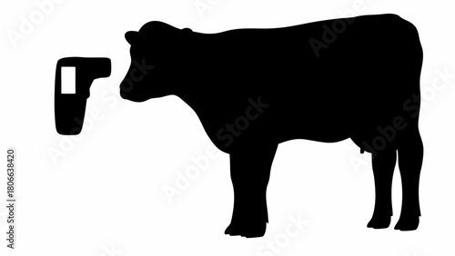 Silhouette of a cow next to a non contact thermometer used for temperature screening on a white background