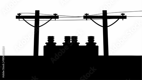 Silhouette of power lines and transformer station against a white background landscape scene view