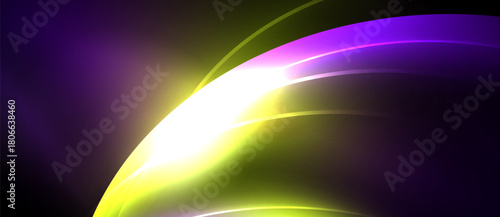 Abstract design features curved lines, vibrant colors. Purple, yellow, green blend creating luminous effect. Dark background emphasizes bright shapes.