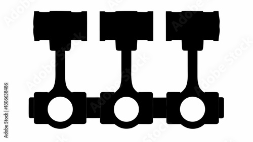 Illustration of three black engine pistons connected in a row on a white background view from the front