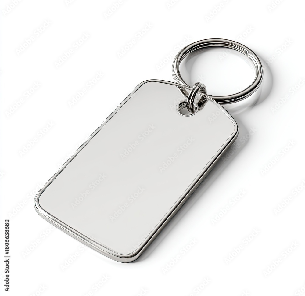 Fototapeta premium Blank, metal key tag, angled view. Shiny, rectangular, with a keyring