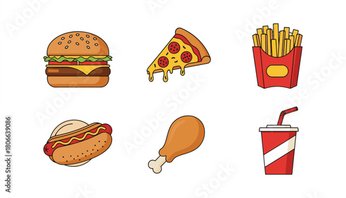 Fast Food Icon Set – Burger, Pizza, Fries, Snacks, Takeaway and Street Food Vector Collection