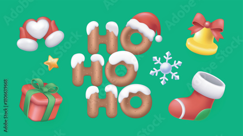 Christmas 3d elements set in realistic render design. Collection of red and white Santa Claus mittens and hat, snowballs, ho ho ho letters with snow, gift, snowflake, stocking. Vector illustration.