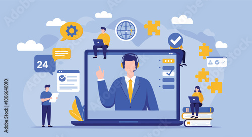 Online customer support representative on laptop screen assisting team with global solutions