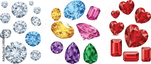 Mixed gemstones collection, colorful jewel shapes, heart ruby icons, vector game assets design
