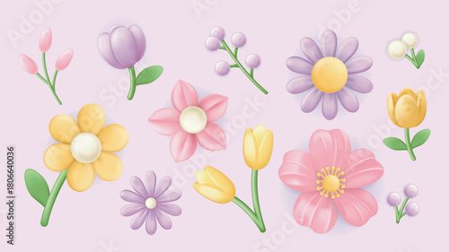 Flowers 3d elements set in realistic render design. Collection of soft pastel pink, lilac and yellow colours of abstract glossy tulips, daisies and wildflowers on green stems. Vector illustration.