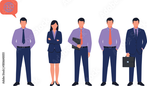 Professional business team standing in row with global communication speech bubble icon