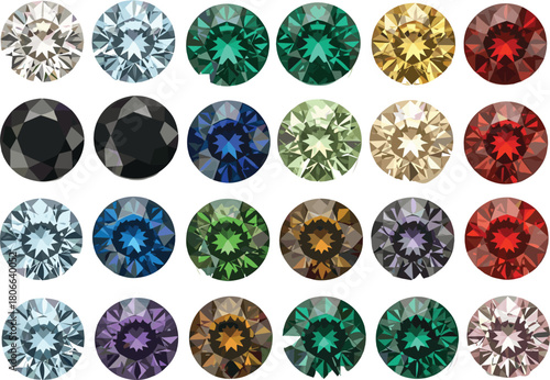 Round gemstones collection, realistic colorful diamonds, brilliant cut jewel icons, vector jewelry design