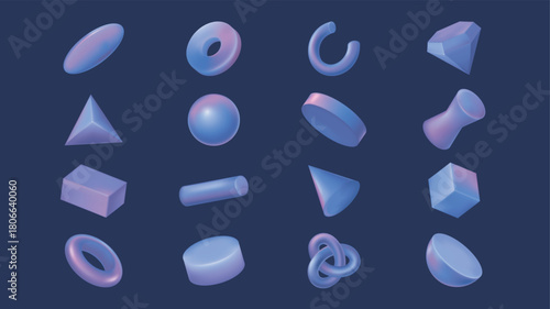Geometric shapes 3d elements set in realistic render design. Collection of oval, donut, spiral part, diamond, pyramid, sphere, circle, cube, cone, chain, ring, torus, half figure. Vector illustration.