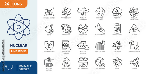 Nuclear line editable icon set. Contain icons related to Nuclear, atom, radioactive, radiation, nuclear plant, bomb, and more. Editable stroke. Vector illustration