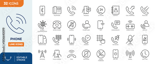 Phone line editable icon set. Containing contact, calling, communication, call, message, smartphone, and more. Editable stroke. Vector illustration