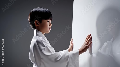 Young boy practicing martial arts in traditional white uniform with a focused expression in a studio setting