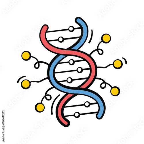 DNA double helix with AI and bioinformatics, trendy doodle icon