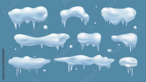 Snow caps 3d elements set in realistic render design. Collection of white horizontal snow piles and corners with melts and icicles, frost winter roof borders and snowy frames. Vector illustration.