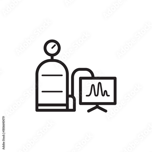 Gas chromatography (GC) icon. Features a gas tank and monitor displaying a separation graph. Represents chemical analysis, compound testing, pressure measurement, and industrial laboratory processes.