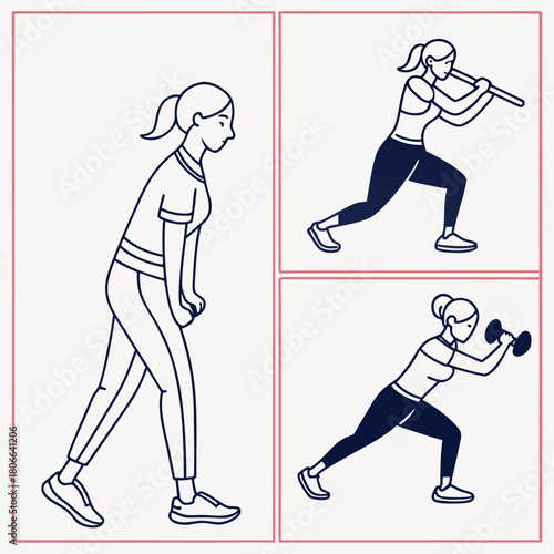 Illustration showing woman stretching and exercising with weights and a bar in various poses