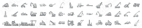 Collection of Line Art Icons Representing Various Construction Vehicles and Equipment
