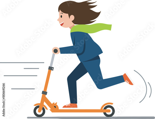 Smiling woman riding a scooter on white with speed lines showing.