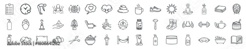 Collection of Line Art Icons Representing Health, Wellness, and Self-Care Activities
