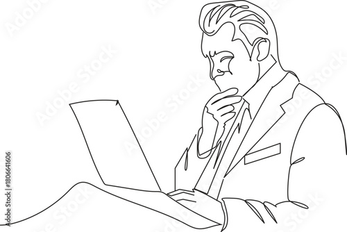  Businessman Thinking Continuous One Line Art | Professional Man Working on Laptop