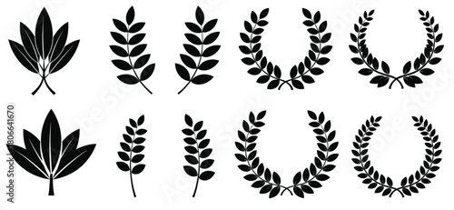 Black silhouette leaf sprigs and laurel wreaths on white background leaves branch
