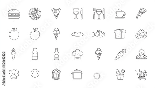 Food Icon Collection – Meals, Snacks, Desserts, Fast Food, Breakfast and Eatery Line Symbols