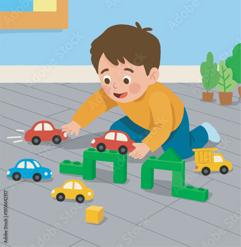 Cartoon boy plays with cars and blocks on the floor illustration.