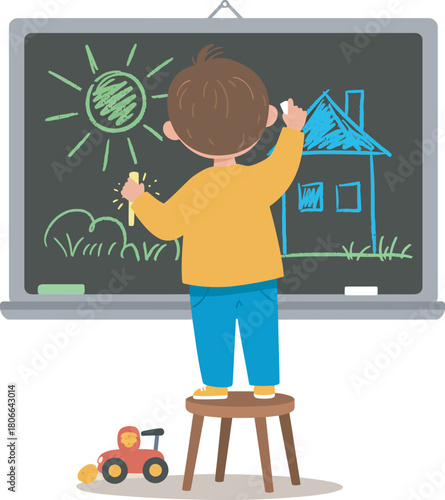 Little boy drawing house on blackboard, cheerful and playful mood.