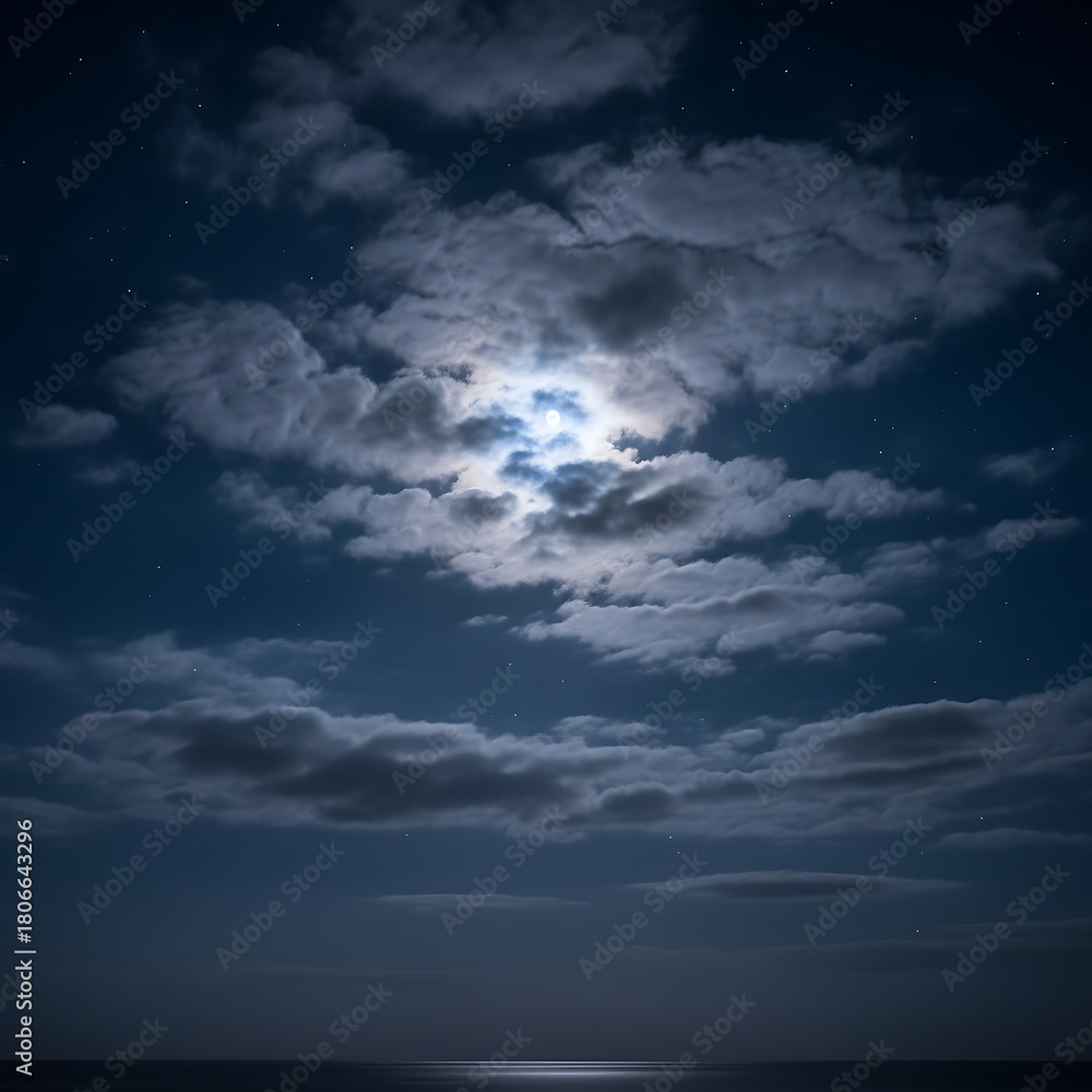 Fototapeta premium Moonlit Clouds Over the Calm Night Sea
