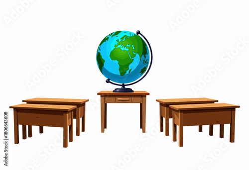 Illustration of a Classroom Setting Featuring a Central Globe as the Focus Surrounded by Wooden Desks for Educational and Geographic Inspiration
