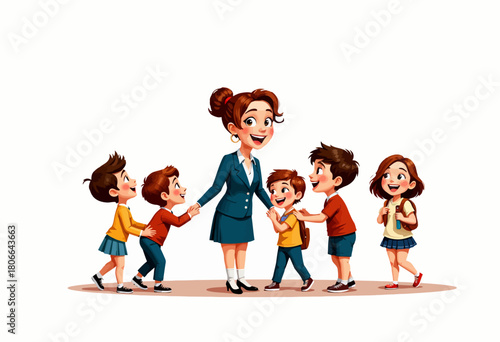 Cheerful teacher interacting with a group of joyful children who are eagerly gathered around her in a playful and engaging educational environment