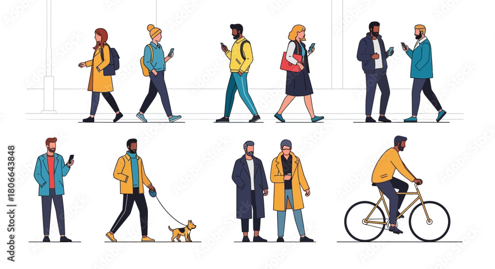 Fototapeta premium Diverse People in Various Activities Walking, Using Phones, and Cycling in Urban Settings
