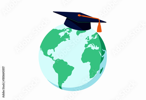 Illustration of a Graduation Cap Resting on a Globe Symbolizing Global Education and Knowledge Dissemination Across Continents
