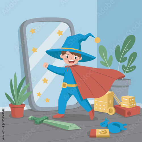 A boy in costume poses heroically in a cozy, blue-toned bedroom.