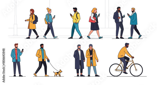 Diverse People in Various Activities Walking, Using Phones, and Cycling in Urban Settings