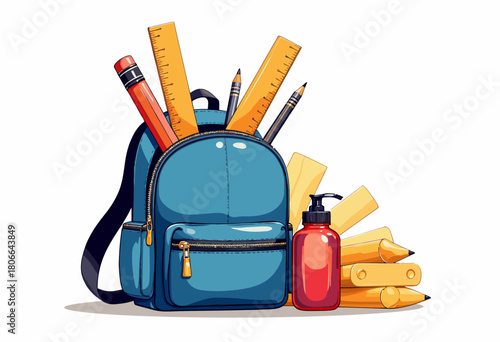Illustration of Blue Backpack with School Supplies Including Pencils, Rulers, and a Red Bottle on a White Background, Perfect for Educational Themes