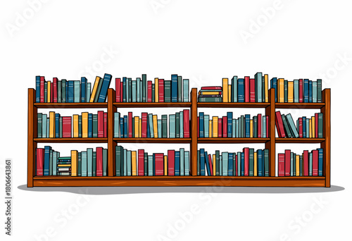 Illustration of a Wooden Bookshelf Filled with Colorful Books in an Organized Fashion Against a White Background