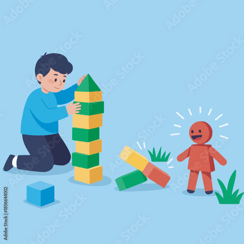 Boy stacking blocks with toy on blue background, joyful cartoon.