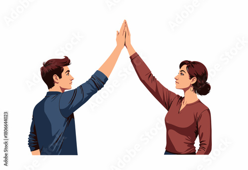 Illustration of a man and woman giving a high five, symbolizing teamwork and mutual support, contrasting clothing colors highlight diversity and collaboration