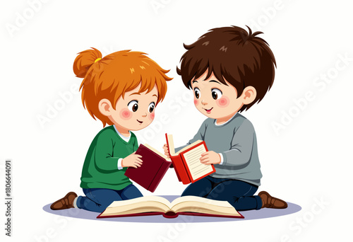 Illustration of two children engaged in a joyful reading session together with open books, showcasing a shared love for literature and learning