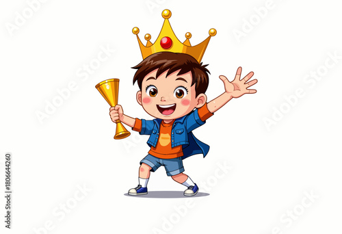 Energetic Young Boy with Crown Enthusiastically Celebrating Victory Holding Golden Trophy on White Background