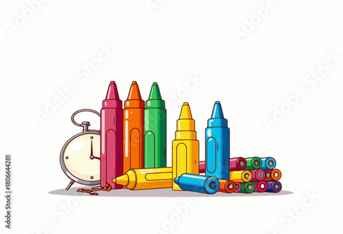 Colorful Array of Diverse Crayons and Retro Alarm Clock for Creative Artistic Projects and Timely Imagination on Plain Background